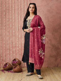 SANSKAR - Black Silk Blend Embroidered Kurta and Pant with Dupatta (Set of 3)