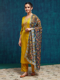 SANSKAR - Mustard Silk Blend Embroidered Kurta and Pant with Dupatta (Set of 3)