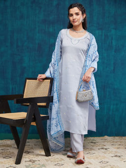 SANSKAR - Grey Silk Blend Embroidered Kurta and Pant with Dupatta (Set of 3)