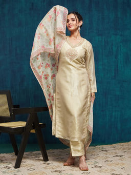 SANSKAR - Beige Organza Embroidered V-Neck Kurta and Pant with Dupatta (Set of 3)