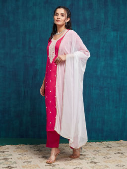 SANSKAR - Pink Silk Blend Embroidered Kurta and Pant with Dupatta (Set of 3)