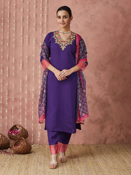 SANSKAR - Purple Silk Blend Embroidered Kurta and Pant with Dupatta (Set of 3)