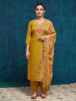 SANSKAR - Yellow Silk Blend Embroidered Kurta and Pant with Dupatta (Set of 3)