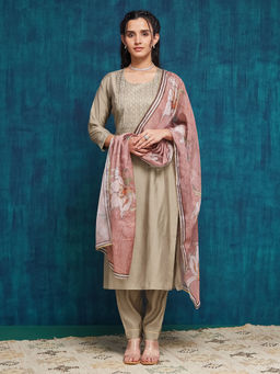 SANSKAR - Beige Viscose Embroidered Round Neck Kurta and Pant with Dupatta (Set of 3)