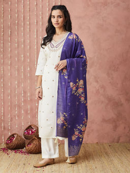 SANSKAR - White Silk Blend Embroidered V-Neck Kurta and Pant with Dupatta (Set of 3)