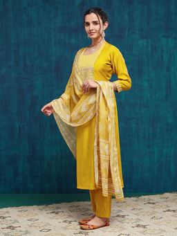 SANSKAR - Yellow Silk Blend Embroidered Kurta and Pant with Dupatta (Set of 3)