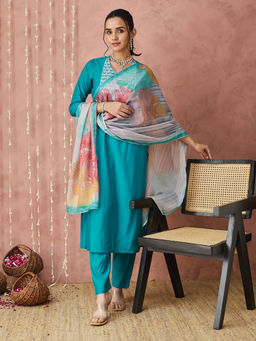 SANSKAR - Turquoise Viscose Embroidered V Neck Kurta and Pant with Dupatta (Set of 3)