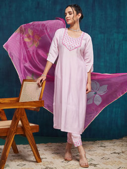 SANSKAR - Pink Silk Embroidered Round Neck Kurta and Pant with Dupatta (Set of 3)