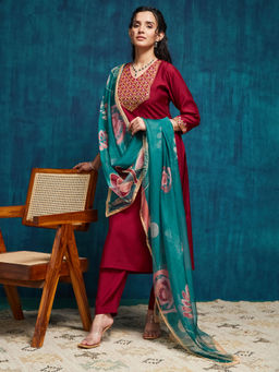 SANSKAR - Maroon Silk Embroidered V Neck Kurta and Pant with Dupatta (Set of 3)