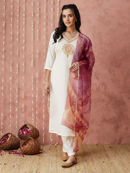 SANSKAR - White Silk Blend Embroidered Kurta and Pant with Dupatta (Set of 3)