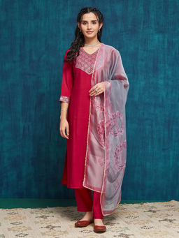 SANSKAR - Red Silk Blend Embroidered V-Neck Straight Kurta and Pant with Dupatta (Set of 3)