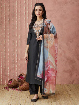 SANSKAR - Black Silk Blend Embroidered Kurta and Pant with Dupatta (Set of 3)
