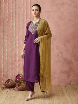 SANSKAR - Wine Silk Blend Embroidered Kurta and Pant with Dupatta (Set of 3)