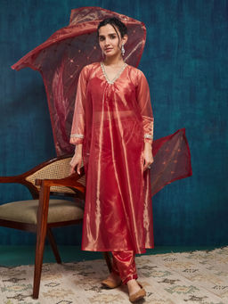 SANSKAR - Red Tissue Embroidered Crop Top Kurta and Pant with Dupatta (Set of 4)