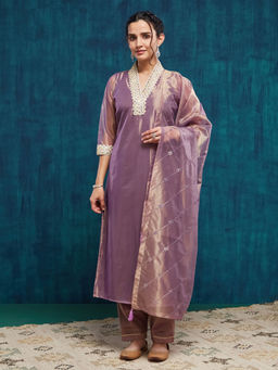 SANSKAR - Purple Tissue Embroidered Kurta and Pant with Dupatta (Set of 3)