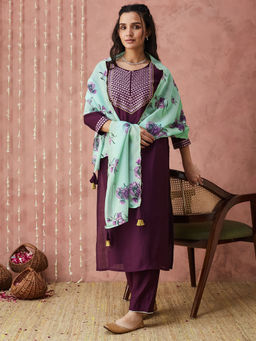 SANSKAR - Wine Silk Embroidered Kurta and Pant with Dupatta (Set of 3)