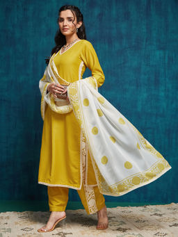 SANSKAR - Yellow Silk Thread Embroidered V Neck Kurta and Pant with Dupatta (Set of 3)