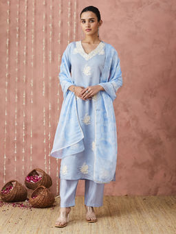 SANSKAR - Blue Silk Embroidered V Neck Kurta and Pant with Dupatta (Set of 3)