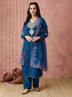 SANSKAR - Blue Silk Blend Embroidered Kurta and Pant with Dupatta (Set of 3)