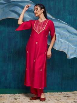 SANSKAR - Red Silk Blend Embroidered Kurta and Pant with Dupatta (Set of 3)