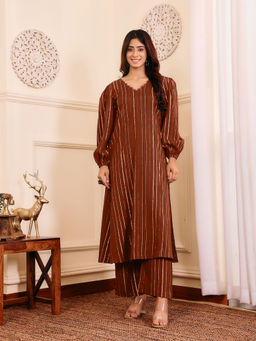 Varanga - Women Brown Lurex V Neck Balloon Sleeve Kurta with Pant (Set of 2)