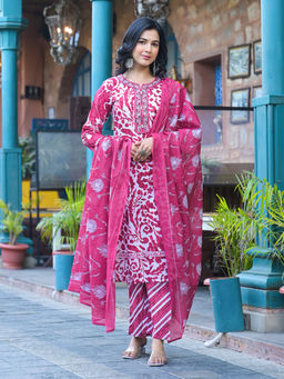 Varanga - Women Pink Printed Embroidered Cotton Kurta with Pant and Dupatta (Set of 3)
