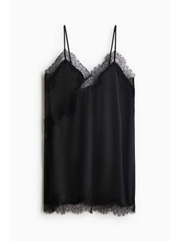 H&M - Women Black Lace-Trimmed Satin Nightslip