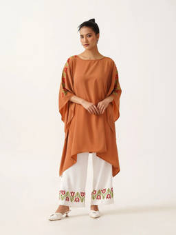 Kashmir Box - Floral Embroidered Thread Work Mandarin Collar Kaftan Kurta with Palazzo (Set of 2)