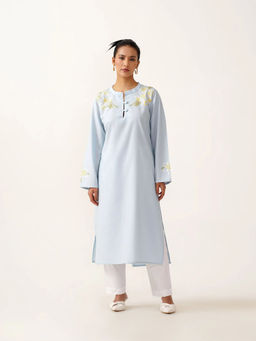 Kashmir Box - Floral Embroidered Thread Work Mandarin Collar Straight Kurta with Pant (Set of 2)