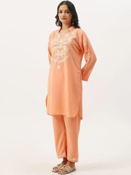 Kashmir Box - Peach Cotton Embroidered Kurta with Pant (Set of 2)