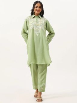 Kashmir Box - Green Aari Work Cotton Kurta with Pant (Set of 2)