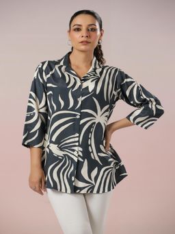 KAFTANIZE - Grey Base Cream Color Abstract Print Russian Silk Shirt