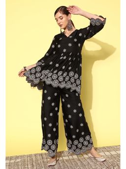 KVS FAB - Black Satin Chain Stitch Embroidery Kurta with Palazzo (Set of 2)
