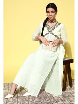 KVS FAB - Off White Georgette Zari Sequence Embroidered Schiffli Kurta with Pant (Set of 2)