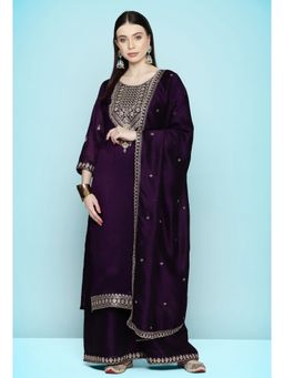 KVS FAB - Purple Vichitra Cording Embroidery Kurta with Palazzo and Dupatta (Set of 3)