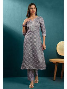 KVS FAB - Grey Cotton Blend Golden Floral Printed Kurta with Zigzag Printed Pant (Set of 2)