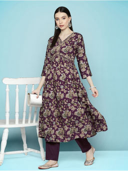 KVS FAB - Purple Silk Blend Cording Mirror Embroidery A Line Kurta with Pant (Set of 2)