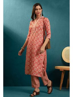 KVS FAB - Pink Cotton Blend Golden Floral Printed Kurta with Zigzag Printed Pant (Set of 2)