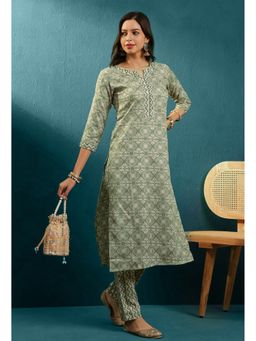 KVS FAB - Green Cotton Blend Golden Floral Printed Kurta with Zigzag Printed Pant (Set of 2)