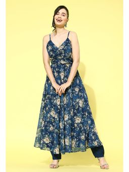 KVS FAB - Teal Georgette Floral Print Kurta with Pant (Set of 2)