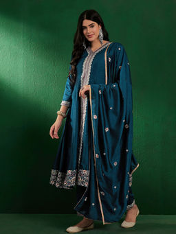 KVS FAB - Teal Vichitra Silk Blend Embroidered A-Line Kurta with Pant and Dupatta (Set of 3)