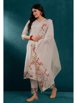 KVS FAB - Cream Embroidery with Schiffli Lace Kurta with Pant and Dupatta (Set of 3)