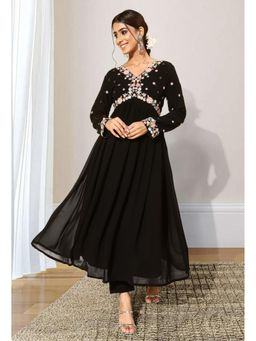 KVS FAB - Black Zari Sequence Embroidered Alia Cut Kurta with Pant (Set of 2)