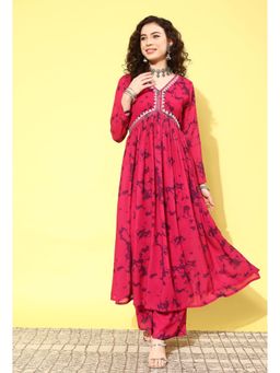 KVS FAB - Red Georgette Zari Embroidered Tie and Dye Printed Alia Cut Kurta with Pant (Set of 2)