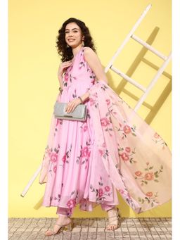 KVS FAB - Pink Organza Floral Printed A Line Kurta with Pant and Dupatta (Set of 3)
