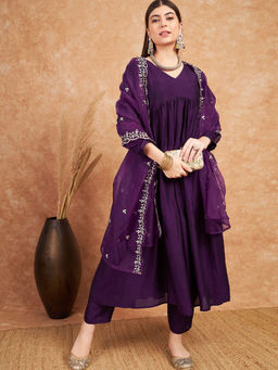 KVS FAB - Wine Silk Blend Solid Kurta Pant with Embroidered Cut Work Dupatta (Set of 3)