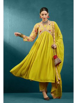 KVS FAB - Yellow Embroidery Digital Print Anarkali Kurta with Pant and Dupatta (Set of 3)