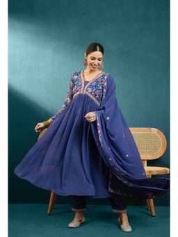 KVS FAB - Blue Embroidery Digital Anarkali Print Kurta with Pant and Dupatta (Set of 3)