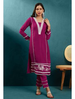 KVS FAB - Purple Silk Blend Schifli Lace Embroidered Kurta with Pant (Set of 2)