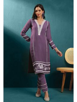 KVS FAB - Lavender Silk Blend Schifli Lace Embroidered Kurta with Pant (Set of 2)